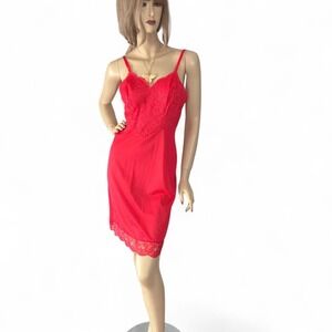 1960s Red Vanity Fair Slip Dress, Lace Bodice, Pinup‎ Bombshell Lingerie XS